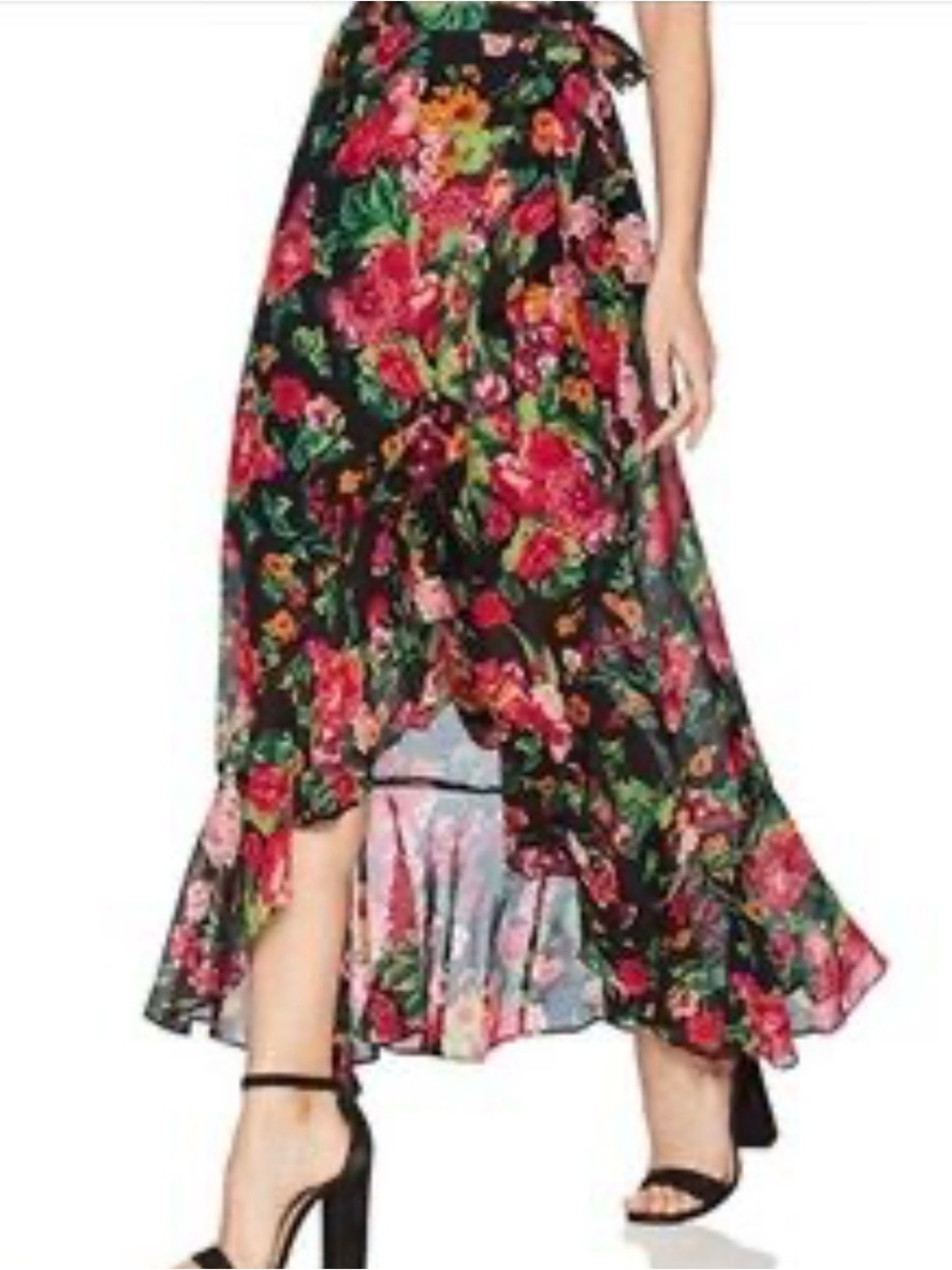 BCBGMaxAzria Black Floral High-Low Ruffle Skirt